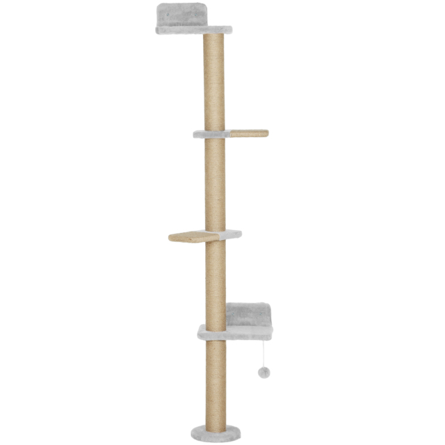 PawHut Wall Mounted Cat Shelves, Cat Climbing Wall with 4 Climbing Platforms, Jute Scratching Post and Toy Ball,180cm Tall, Light Grey - image 1