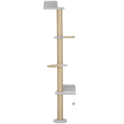 PawHut Wall Mounted Cat Shelves, Cat Climbing Wall with 4 Climbing Platforms, Jute Scratching Post and Toy Ball,180cm Tall, Light Grey - thumbnail 1