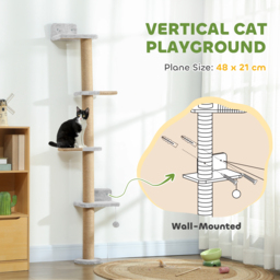 PawHut Wall Mounted Cat Shelves, Cat Climbing Wall with 4 Climbing Platforms, Jute Scratching Post and Toy Ball,180cm Tall, Light Grey - thumbnail 5