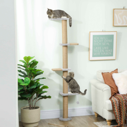 PawHut Wall Mounted Cat Shelves, Cat Climbing Wall with 4 Climbing Platforms, Jute Scratching Post and Toy Ball,180cm Tall, Light Grey - thumbnail 2