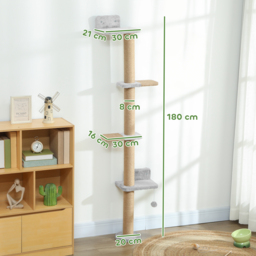 PawHut Wall Mounted Cat Shelves, Cat Climbing Wall with 4 Climbing Platforms, Jute Scratching Post and Toy Ball,180cm Tall, Light Grey - thumbnail 3