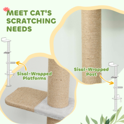 PawHut Wall Mounted Cat Shelves, Cat Climbing Wall with 4 Climbing Platforms, Jute Scratching Post and Toy Ball,180cm Tall, Light Grey - thumbnail 6