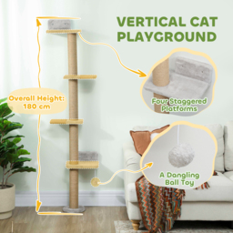 PawHut Wall Mounted Cat Shelves, Cat Climbing Wall with 4 Climbing Platforms, Jute Scratching Post and Toy Ball,180cm Tall, Light Grey - thumbnail 4