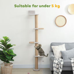 PawHut Wall Mounted Cat Shelves, Cat Climbing Wall with 4 Climbing Platforms, Jute Scratching Post and Toy Ball,180cm Tall, Light Grey - thumbnail 7