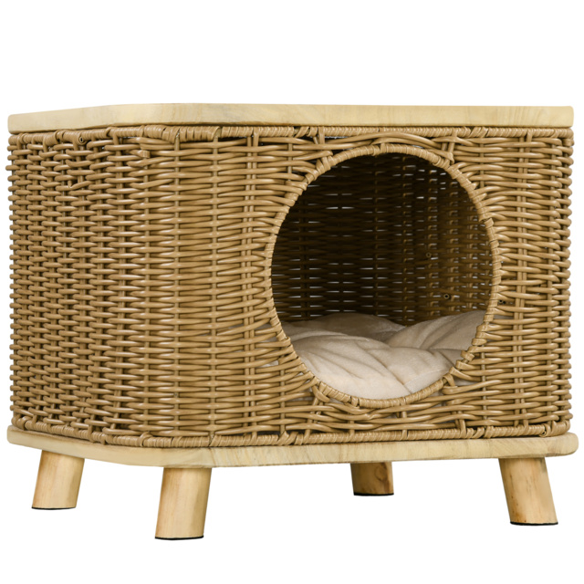 PawHut Elevated Design Wicker Cat House with Washable Cushion, Light Brown - Aosom UK - image 1
