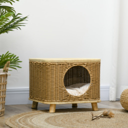 PawHut Elevated Design Wicker Cat House with Washable Cushion, Light Brown - Aosom UK - thumbnail 7