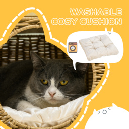 PawHut Elevated Design Wicker Cat House with Washable Cushion, Light Brown - Aosom UK - thumbnail 4
