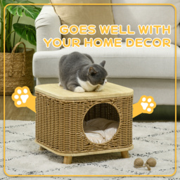 PawHut Elevated Design Wicker Cat House with Washable Cushion, Light Brown - Aosom UK - thumbnail 6