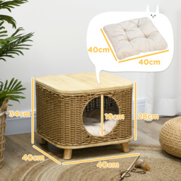 PawHut Elevated Design Wicker Cat House with Washable Cushion, Light Brown - Aosom UK - thumbnail 3