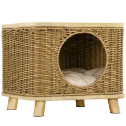 PawHut Elevated Design Wicker Cat House with Washable Cushion, Light Brown - Aosom UK - thumbnail 1