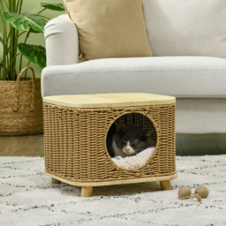 PawHut Elevated Design Wicker Cat House with Washable Cushion, Light Brown - Aosom UK - thumbnail 2