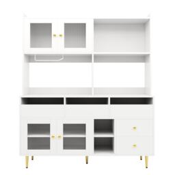Multi-Purpose Storage Cabinet with Glass Door, Wine Glass Holder, Metal Handles, Multi-Layered Storage Unit, 145L x 39W x 171H cm, White - Aosom UK - thumbnail 2