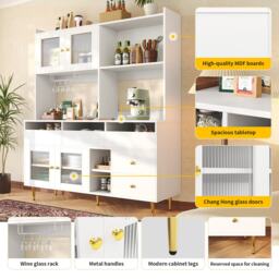 Multi-Purpose Storage Cabinet with Glass Door, Wine Glass Holder, Metal Handles, Multi-Layered Storage Unit, 145L x 39W x 171H cm, White - Aosom UK - thumbnail 5