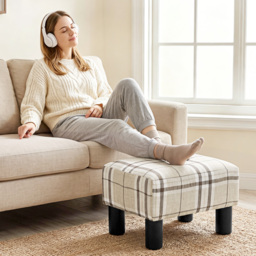 HOMCOM Linen Fabric Footstool Ottoman Cube with 4 Plastic Legs, Multi-colored - thumbnail 2