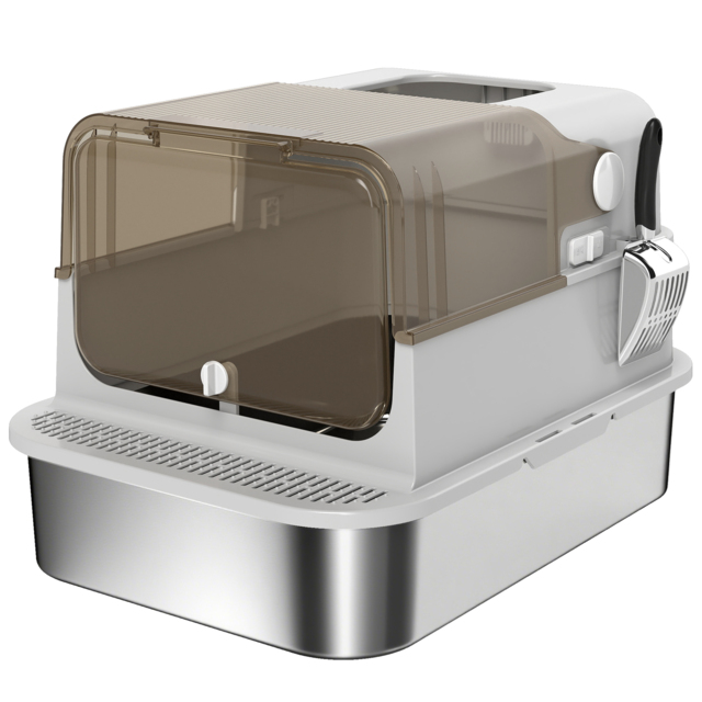 PawHut XXL Stainless Steel Cat Litter Tray, Enclosed Cat Litter Box with 90° Flip Cover, Double Doors, Scoop, Easy Clean, Grey - image 1