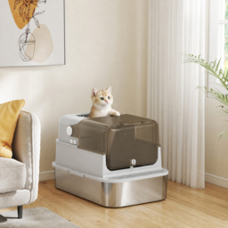 PawHut XXL Stainless Steel Cat Litter Tray, Enclosed Cat Litter Box with 90° Flip Cover, Double Doors, Scoop, Easy Clean, Grey - thumbnail 8