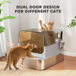 PawHut XXL Stainless Steel Cat Litter Tray, Enclosed Cat Litter Box with 90° Flip Cover, Double Doors, Scoop, Easy Clean, Grey - thumbnail 7