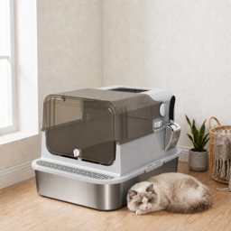 PawHut XXL Stainless Steel Cat Litter Tray, Enclosed Cat Litter Box with 90° Flip Cover, Double Doors, Scoop, Easy Clean, Grey - thumbnail 9