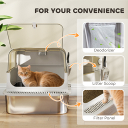PawHut XXL Stainless Steel Cat Litter Tray, Enclosed Cat Litter Box with 90° Flip Cover, Double Doors, Scoop, Easy Clean, Grey - thumbnail 7