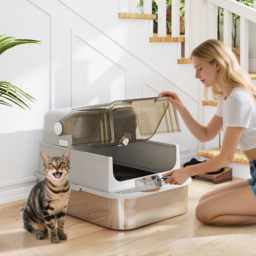 PawHut XXL Stainless Steel Cat Litter Tray, Enclosed Cat Litter Box with 90° Flip Cover, Double Doors, Scoop, Easy Clean, Grey - thumbnail 2