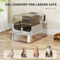 PawHut XXL Stainless Steel Cat Litter Tray, Enclosed Cat Litter Box with 90° Flip Cover, Double Doors, Scoop, Easy Clean, Grey - thumbnail 3