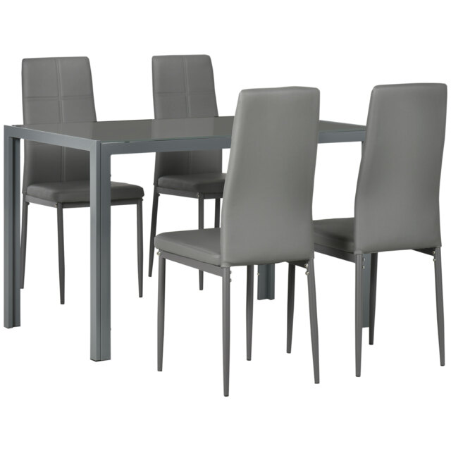 HOMCOM 5-Piece Kitchen Dining Table Set with 4 Faux Leather Metal Frame Chairs Glass Tabletop Desk for Dining Room, Kitchen, Dinette, Grey - image 1