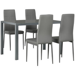 HOMCOM 5-Piece Kitchen Dining Table Set with 4 Faux Leather Metal Frame Chairs Glass Tabletop Desk for Dining Room, Kitchen, Dinette, Grey - thumbnail 1