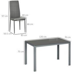 HOMCOM 5-Piece Kitchen Dining Table Set with 4 Faux Leather Metal Frame Chairs Glass Tabletop Desk for Dining Room, Kitchen, Dinette, Grey - thumbnail 3