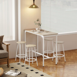 HOMCOM 5 Piece Bar Table Set for 4 with Stools, Metal Frame, Footrest for Kitchen Natural Wood - thumbnail 9