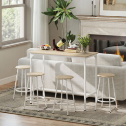 HOMCOM 5 Piece Bar Table Set for 4 with Stools, Metal Frame, Footrest for Kitchen Natural Wood - thumbnail 8