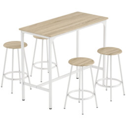 HOMCOM 5 Piece Bar Table Set for 4 with Stools, Metal Frame, Footrest for Kitchen Natural Wood