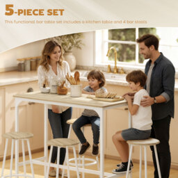 HOMCOM 5 Piece Bar Table Set for 4 with Stools, Metal Frame, Footrest for Kitchen Natural Wood - thumbnail 4