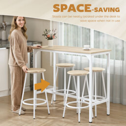 HOMCOM 5 Piece Bar Table Set for 4 with Stools, Metal Frame, Footrest for Kitchen Natural Wood - thumbnail 5