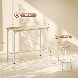 HOMCOM 5 Piece Bar Table Set for 4 with Stools, Metal Frame, Footrest for Kitchen Natural Wood - thumbnail 3