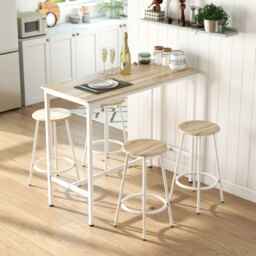HOMCOM 5 Piece Bar Table Set for 4 with Stools, Metal Frame, Footrest for Kitchen Natural Wood - thumbnail 2