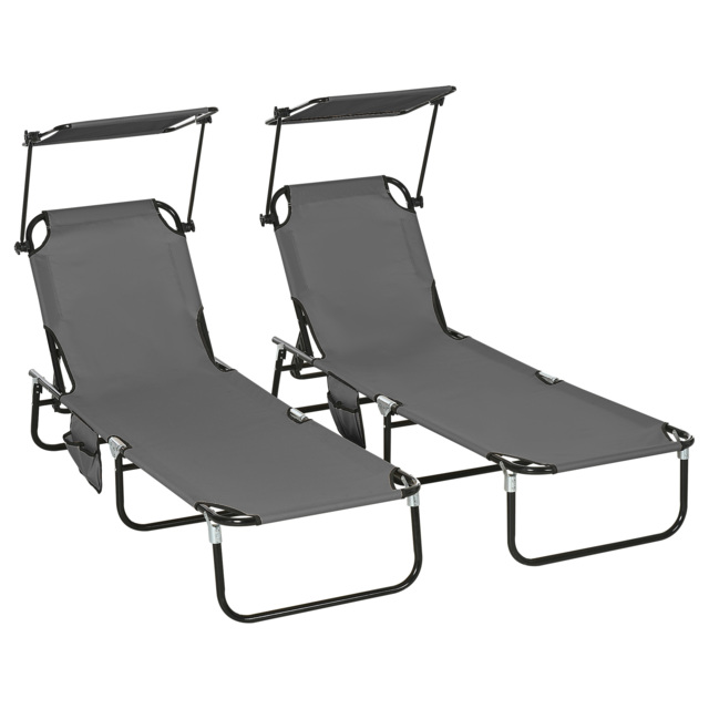 Outsunny 2 Piece Folding Sun Loungers with Canopy, Adjustable Recliner Garden Chairs with Breathable Mesh for Outdoor, Pool, Garden, Dark Grey - image 1