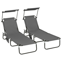 Outsunny 2 Piece Folding Sun Loungers with Canopy, Adjustable Recliner Garden Chairs with Breathable Mesh for Outdoor, Pool, Garden, Dark Grey - thumbnail 1