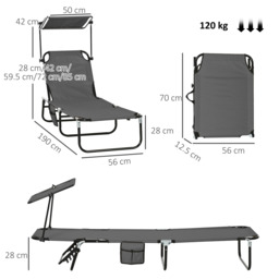 Outsunny 2 Piece Folding Sun Loungers with Canopy, Adjustable Recliner Garden Chairs with Breathable Mesh for Outdoor, Pool, Garden, Dark Grey - thumbnail 3