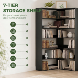 HOMCOM 7 Tiers Bookshelf, L-Shaped Corner Bookcase with Anti-Slip Rear Guard, Black Wood Effect - thumbnail 5