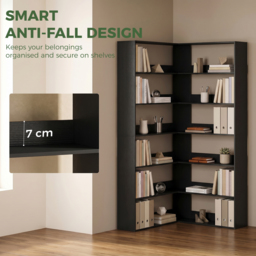 HOMCOM 7 Tiers Bookshelf, L-Shaped Corner Bookcase with Anti-Slip Rear Guard, Black Wood Effect - thumbnail 6