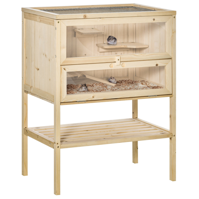 Pawhut 3 Tiers Wooden Hamster Cage Fir Wood Mouse Guinea Rodent Mice House Pet Play Small Animals 60L×40W×80H cm - image 1