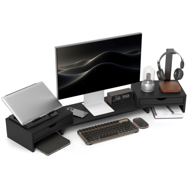HOMCOM Dual Monitor Stand Riser with 2 Drawers, Adjustable Length and Angle, 116cm Monitor Riser for Laptop, Computer, PC, Small Printer, Black - image 1