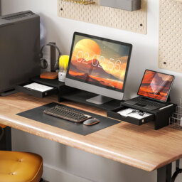 HOMCOM Dual Monitor Stand Riser with 2 Drawers, Adjustable Length and Angle, 116cm Monitor Riser for Laptop, Computer, PC, Small Printer, Black - thumbnail 2