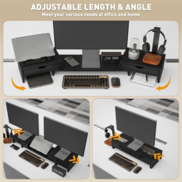 HOMCOM Dual Monitor Stand Riser with 2 Drawers, Adjustable Length and Angle, 116cm Monitor Riser for Laptop, Computer, PC, Small Printer, Black - thumbnail 4