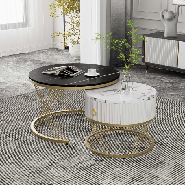 Elegant Nesting Coffee Table Set, Marble Look with Gold Decor, Side Tables for Living Room with Drawers, 70x70x45 cm + 50x50x40 cm, Black - Aosom.UK - image 1