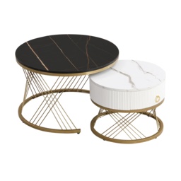 Elegant Nesting Coffee Table Set, Marble Look with Gold Decor, Side Tables for Living Room with Drawers, 70x70x45 cm + 50x50x40 cm, Black - Aosom.UK - thumbnail 2