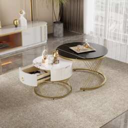 Elegant Nesting Coffee Table Set, Marble Look with Gold Decor, Side Tables for Living Room with Drawers, 70x70x45 cm + 50x50x40 cm, Black - Aosom.UK - thumbnail 4