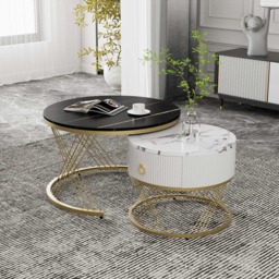 Elegant Nesting Coffee Table Set, Marble Look with Gold Decor, Side Tables for Living Room with Drawers, 70x70x45 cm + 50x50x40 cm, Black - Aosom.UK - thumbnail 1