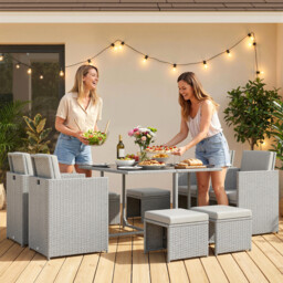 Outsunny 9 Piece Rattan Cube Garden Furniture Dining Set with Armchairs, Footstools and Glass-Top Table, Light Grey - thumbnail 8