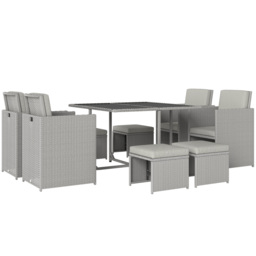 Outsunny 9 Piece Rattan Cube Garden Furniture Dining Set with Armchairs, Footstools and Glass-Top Table, Light Grey - thumbnail 1